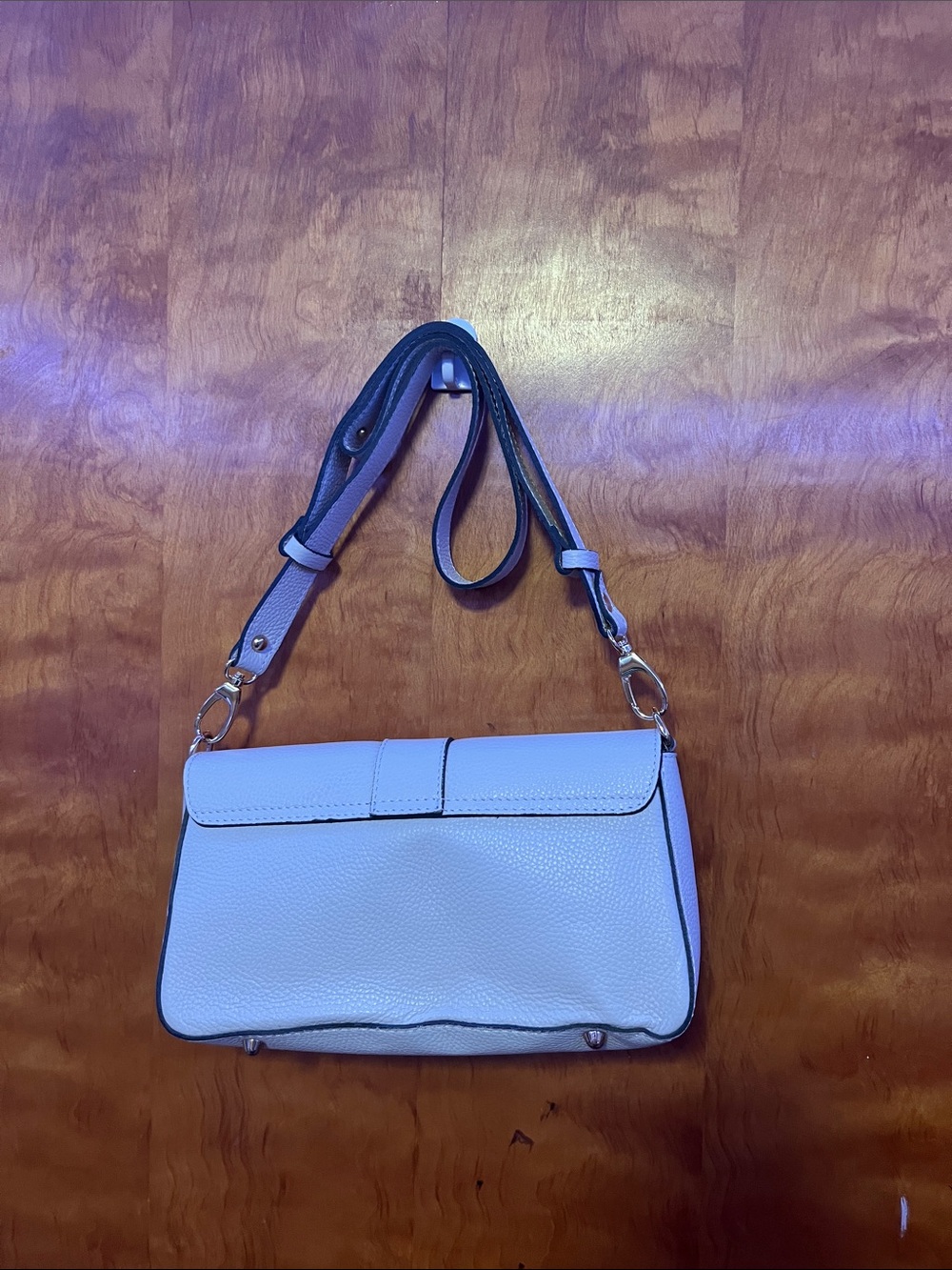 White Leather Shoulder Bag with Gold Ring Accent